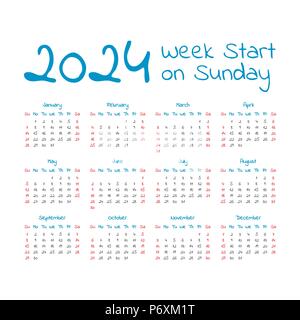 Simple 2024 year calendar, week starts on Sunday Stock Vector Art ...