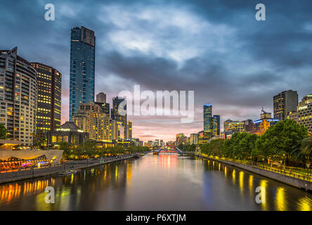 Melbourne, Victoria, Australia. Cityscape with Eureka Tower from the Yarra river at dusk. Stock Photo