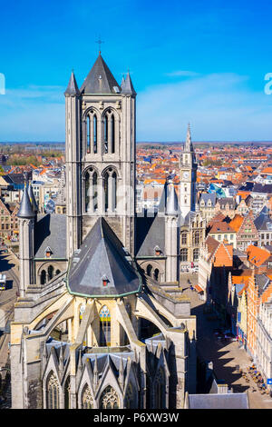 Belgium, Flanders, Ghent (Gent). View of Sint-Niklaaskerk (Saint Nicholas' Church) and Ghent old town from Het Belfort van Gent, 14th century belfry. Stock Photo
