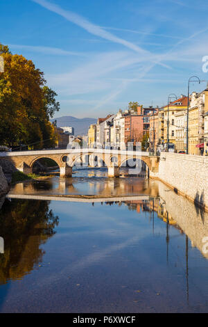 Bosnia and Herzegovina, Sarajevo, Latin Bridge - where Gavrilo Princip assassinated Archduke Franz Ferdinand of Austria and his wife, Sophie, on June 28, 1914, which triggered the start of first World War Stock Photo