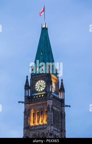 Canada, Ontario, Ottowa, capital of Canada, Canadian Parliament Building, Peace Tower, dusk Stock Photo