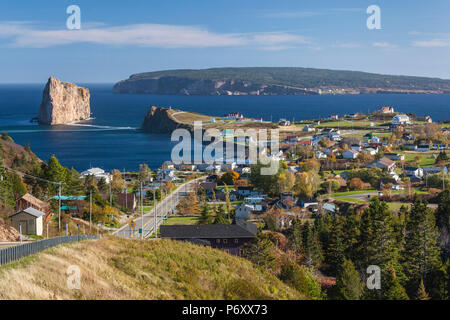 Canada, Quebec, Gaspe Peninsula, Perce, elevated view of town and Perce Rock from Rt 132 Stock Photo