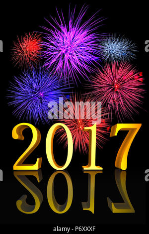 3D illustration Golden text New Year 2017 with real fireworks Stock Photo