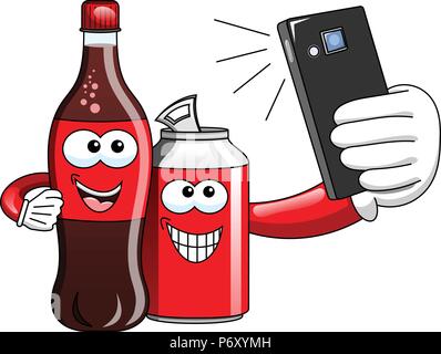 Smiling cartoon bottle and can taking selfie with smartphone isolated Stock Vector
