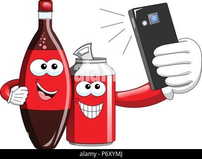 Smiling cartoon bottle and can taking selfie with smartphone isolated Stock Vector