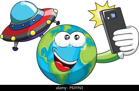 Cartoon Earth taking selfie with alien or ufo spaceship isolated Stock Vector