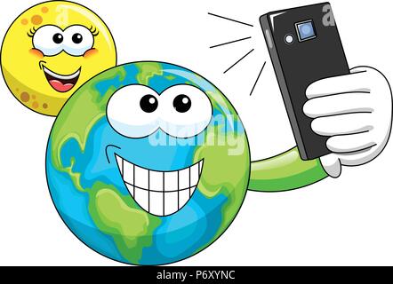 Smiling cartoon Moon and Earth taking selfie with smartphone isolated Stock Vector
