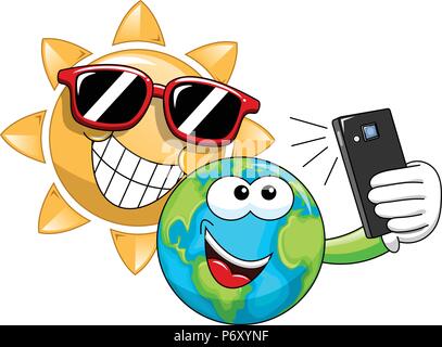 Smiling cartoon Sun and Earth taking selfie with smartphone isolated Stock Vector
