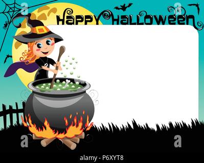 Halloween photo or picture frame or border featuring witch preparing potion in the calderon Stock Vector
