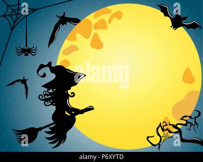 Silhouette of young witch flying on a broom against full moon copy space Stock Vector