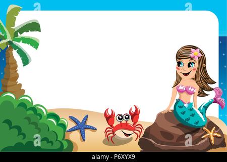 Smiling little Mermaid sitting on the rock frame Stock Vector