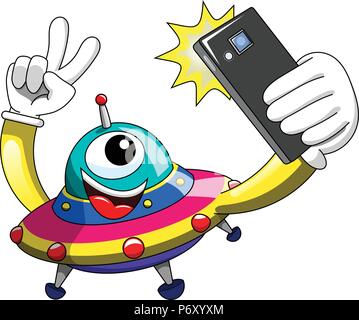 Cartoon alien or ufo spaceship taking selfie with smartphone isolated Stock Vector
