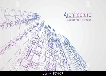 Modern architecture wireframe. Concept of urban wireframe. Wireframe building illustration of architecture CAD drawing. Stock Vector