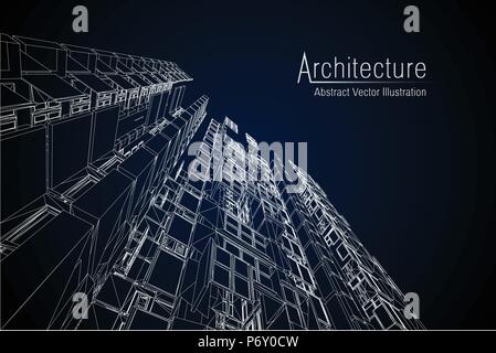 Modern architecture wireframe. Concept of urban wireframe. Wireframe building illustration of architecture CAD drawing. Stock Vector