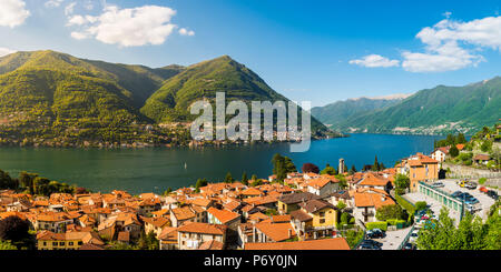 Torno, lake Como, Como province, Lombardy, Italy. Panoramic high angle view of the town and the lake. Stock Photo