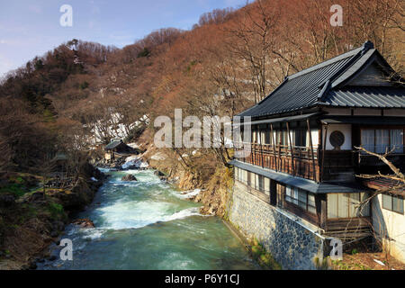 Japan, Gunma Prefecture, Takaragawa Onsen, outdoor hot springs along Takaragawa river Stock Photo