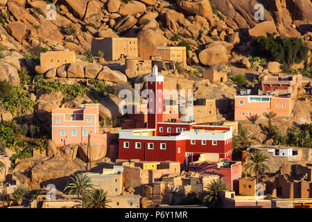 Elevated view over the Red Mosque of Adai, Tafraoute, Anti Atlas, Morocco Stock Photo