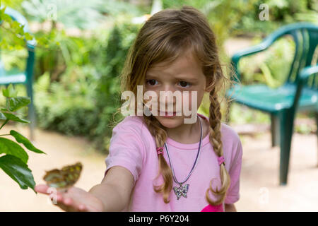 Blond girl with a yellow spotted butterfly in her hand. Selective focus. Medium shot. Stock Photo