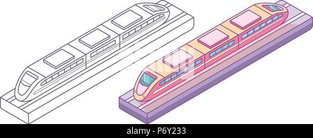 Little train toy on track, outlines and blue pink colors Stock Vector