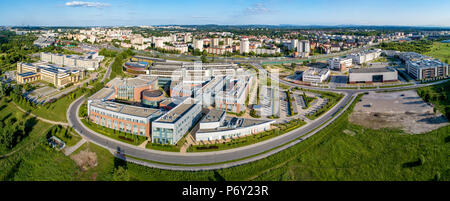 Kraków, Poland.  Wide aerial panorama of the new campus of the Jagiellonian University, the oldest academy in Poland, founded in 14th century. One of  Stock Photo