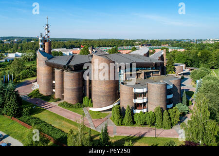 Katowice, Poland - June 8, 2018: Modern Church of the Exaltation of the Holy Cross and Our Lady Health of the Sick in Katowice, built in 1991. Aerial  Stock Photo