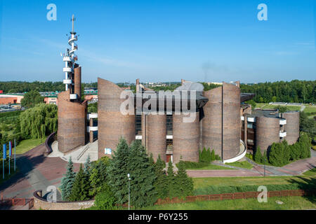 Katowice, Poland - June 8, 2018: Modern Church of the Exaltation of the Holy Cross and Our Lady Health of the Sick in Katowice, built in 1991. Aerial  Stock Photo