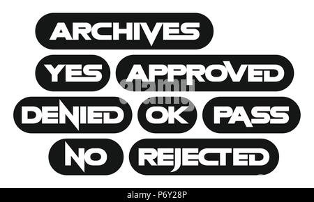 Set of most common stamp words, monochrome, archives, yes, approved, denied, ok, pass, no, rejected Stock Vector