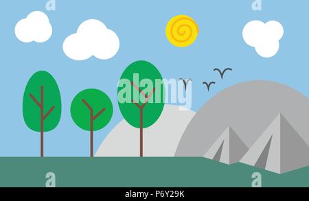 Abstract camping scene in nature, flat Illustration minimalist design, basic colors Stock Vector