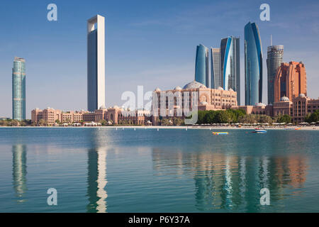 UAE, Abu Dhabi, skyline, Nations Towers, ADNOC Tower, Etihad Towers and Emirates Palace Hotel Stock Photo