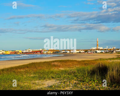 Uruguay, Rocha Department, Cabo Polonio, View over the beach towards the lighthouse. Stock Photo