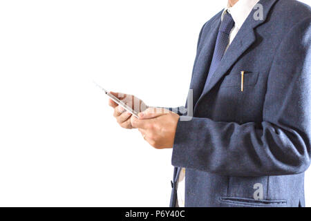 Businessman using a tablet pc isolated white background / Businessman with the tablet or smartphone on white background. Stock Photo