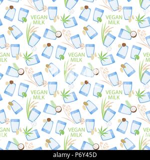 Vegan milk vector flat seamless pattern, vegetarian or plant based milk, flat design of fnon-diary products wallpaper isolated on the white background Stock Vector