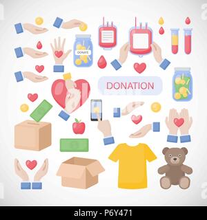 Donation and charity flat vector icon set, flat design of donation, charity or fundraising icons isolated on the white background, vector illustration Stock Vector