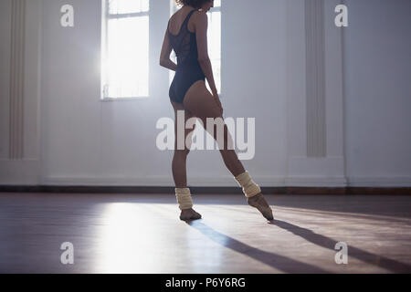Graceful young female ballet dancer practicing in dance studio Stock Photo