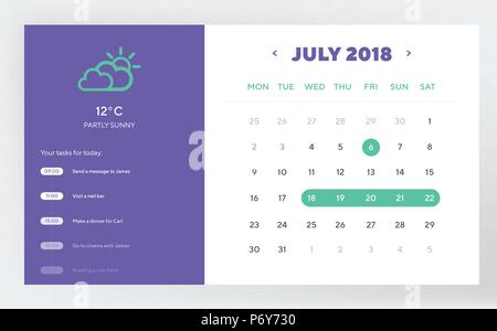 Calendar Day Planner and Calendar App Ui Ux Design. UI, UX and GUI template layout for Mobile Apps and web design. Stock Vector