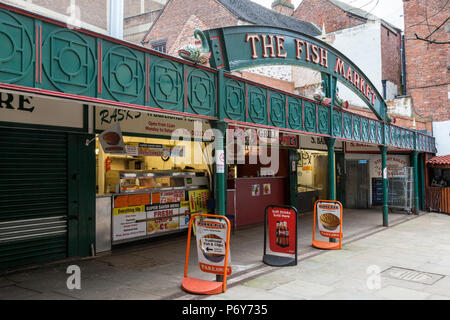 Fish and chip shops at The Fish Market, Derby, England, UK Stock Photo