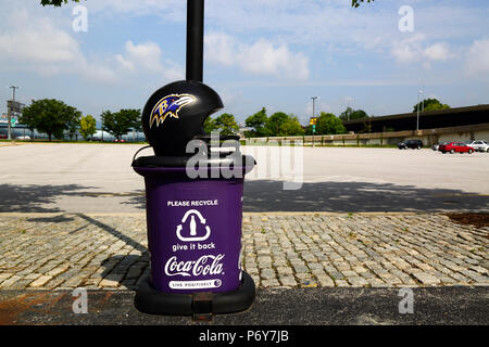 Trash can for recycling bottles outside M&T Stadium with Baltimore Ravens  team badge and helmet, Camden Yards, Baltimore, USA Stock Photo - Alamy