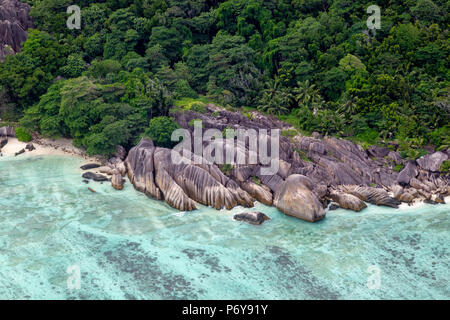 Aerial view of the Anse Source d'Argent on La Digue, Seychelles in the Indian Ocean. Stock Photo