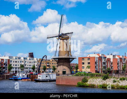 Middenkous Port and Windmill in Delfshaven, Rotterdam, South Holland, The Netherlands Stock Photo