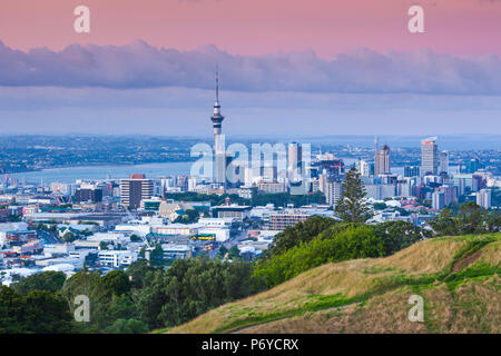 New Zealand, North Island, Auckland, elevated skyline from Mt. Eden volcano cone, dusk Stock Photo