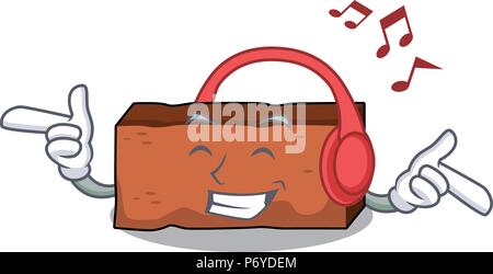 Listening music brick mascot cartoon style Stock Vector
