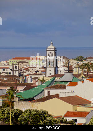 Portugal, Azores, Sao Miguel, Ponta Delgada, Elevated view of the Old Town.