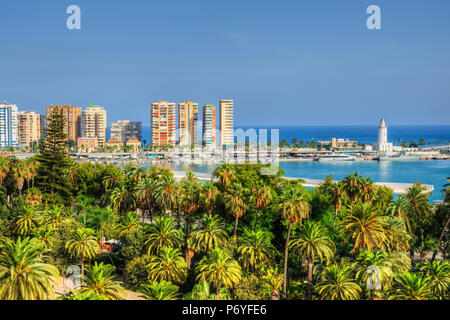 View at harbour with lighthouse, Malaga, Costa del Sol, Andalusia, Spain Stock Photo