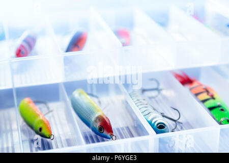 Some fishing lures in transparent plastic box Stock Photo