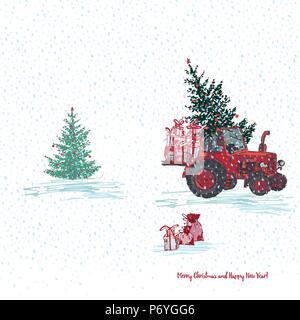 Festive New Year 2019 card. Red tractor with fir tree decorated red balls and holiday gifts White snowy seamless background Stock Vector