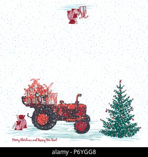Festive New Year 2019 card. Red tractor with fir tree decorated red balls and holiday gifts White snowy seamless background Stock Vector
