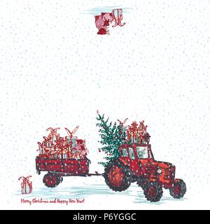 Festive New Year 2019 card. Red tractor with fir tree decorated red balls and holiday gifts White snowy seamless background Stock Vector