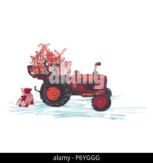 Festive New Year 2019 card. Red tractor with holiday gifts isolated on white background Stock Vector