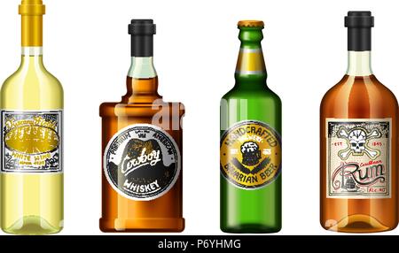 Realistic alcohol drinks in a bottle with different vintage labels. Wine whiskey beer rum. Vector illustration. Stock Vector