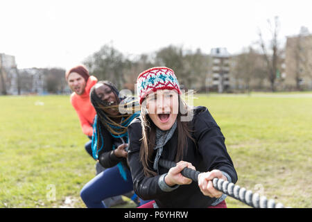 Determined team pulling rope in tug-of-war in park Stock Photo